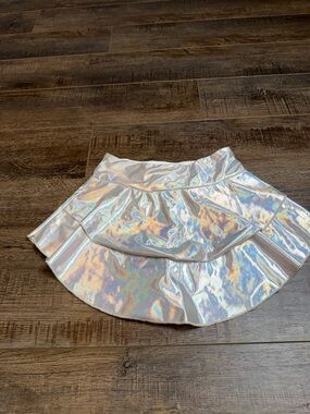 Girls Holographic Silver Dance Skirt Size 130 (Approx 7/8) Shiny Layered Skort